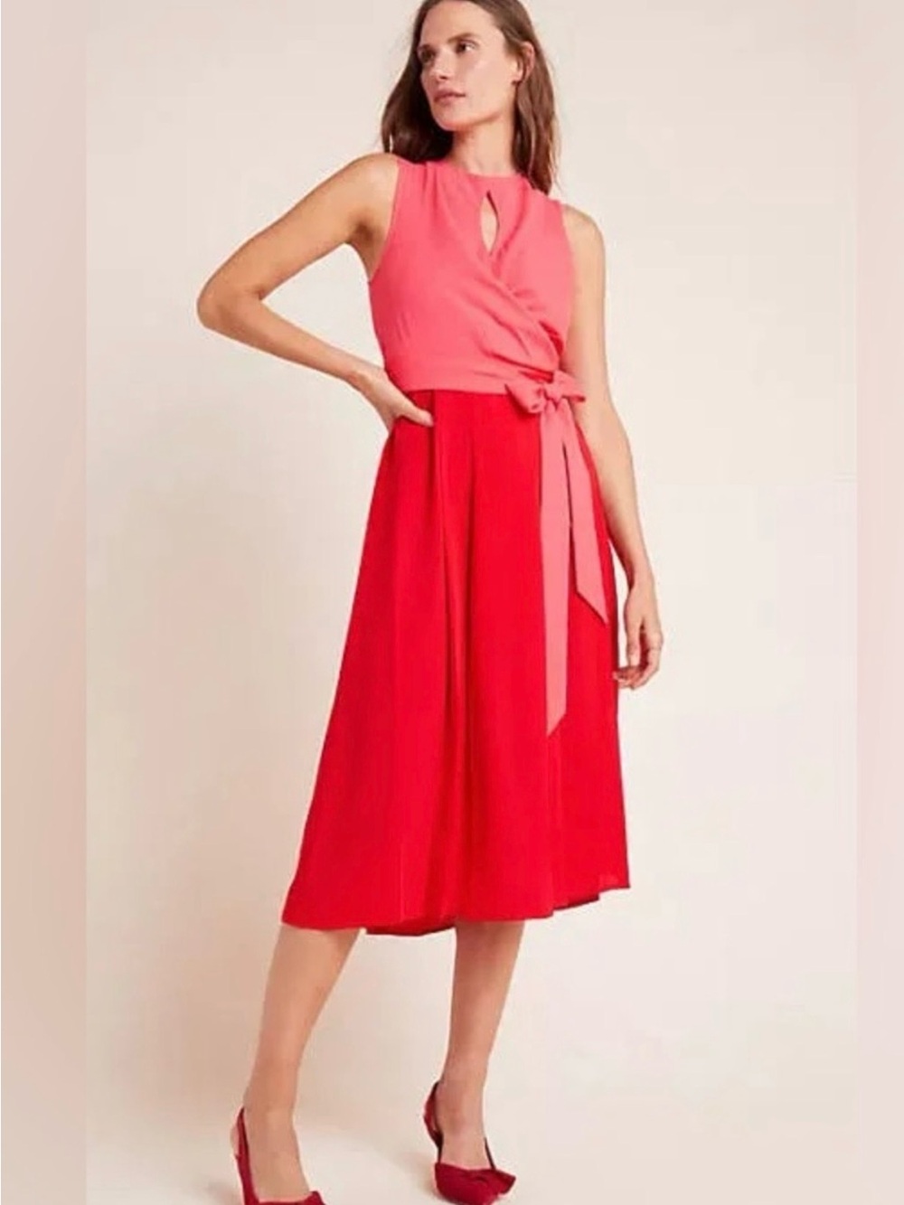 Sleeveless Two-Tone Pink and Red Midi Dress with Side Tie Small Petite